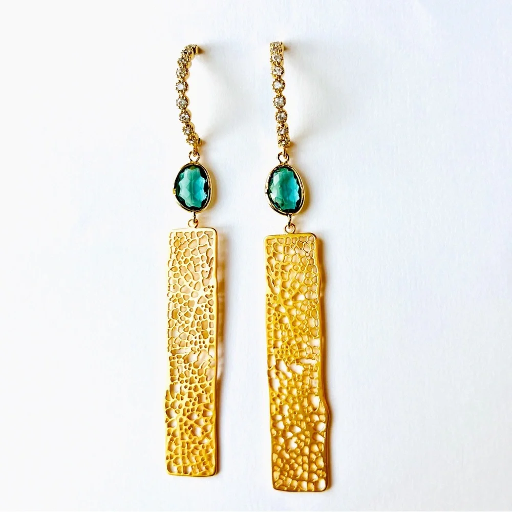 Gorgeous HANDMADE Gold Green Tourmaline Art Deco Earrings - Picture 1 of 4